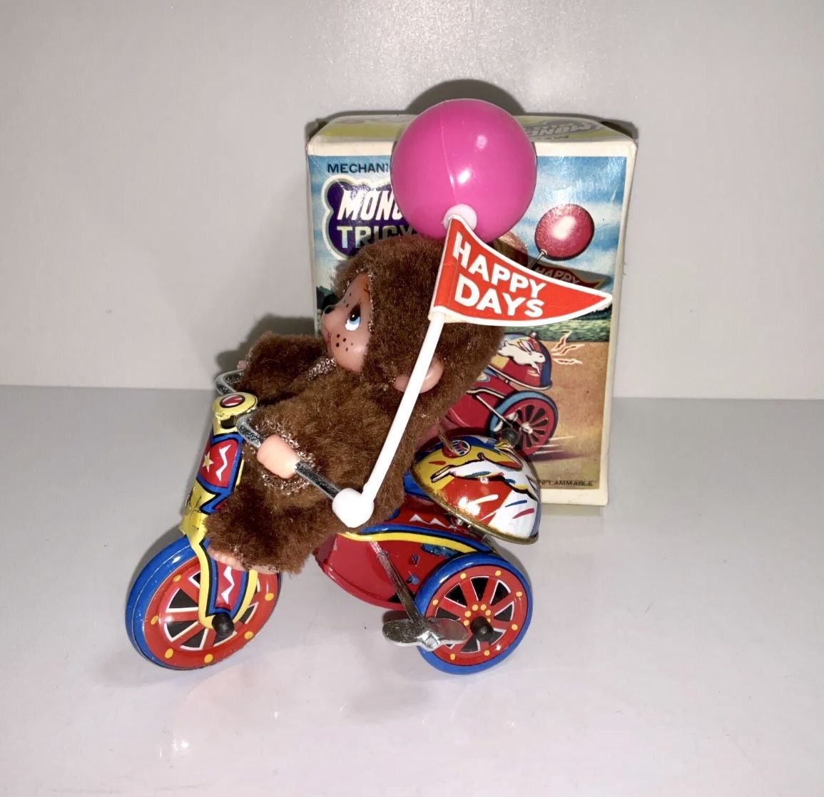 Vintage MONCHICHI Monkey On Metal Tin Tricycle Bicycle Wind Up Toy ~ Works Great