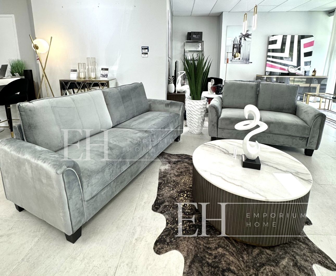 Grey Velvet 2 Piece Sofa Sectional 