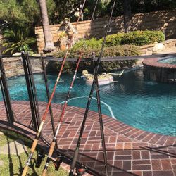 Three (3) Saltwater Fishing Rods from 8’-10’ with Brand NEW Spinning Reels-GREAT for Pier or Surf.