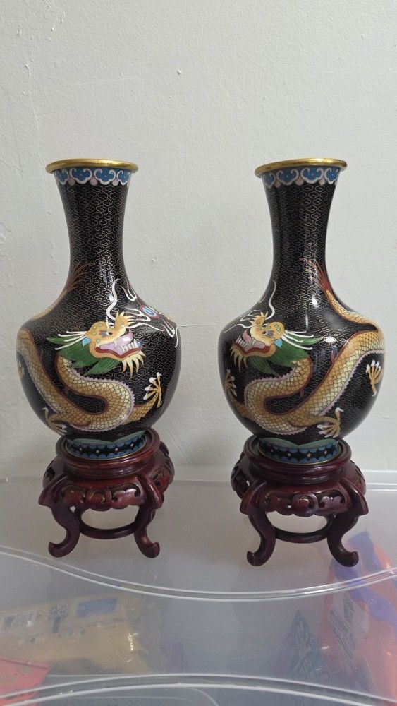 Pair Of Antique Cloisonne Dragon Vases