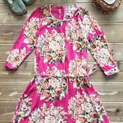  SIZE 7 GIRLS MAGENTA RUSTED ORANGE FLORAL LIGHTWEIGHT LONG-SLEEVE DROP-WAIST DRESS