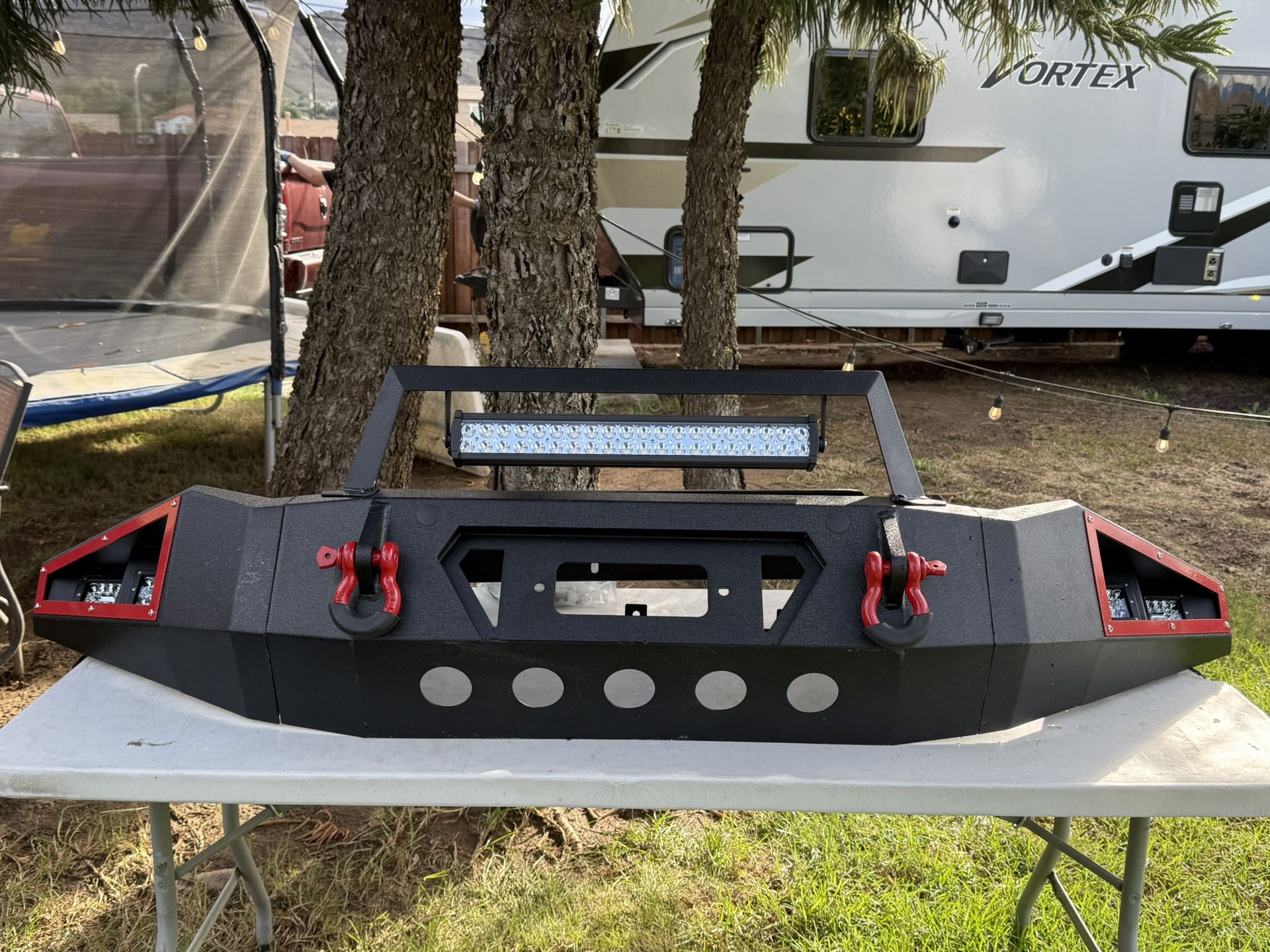 Full Width Front Bumper Compatible with 2007-2013 Toyota Tundra Off-road Pickup Truck Bumper with LED Lights, Paintable Armor, Winch Plate, Sensor Hol