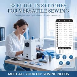 Small Electric Sewing Machine, 38 Built-in Stitches,