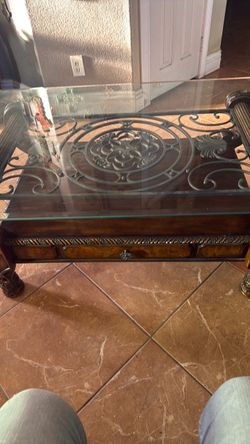 Ornate Glass Top Coffee Table with Wrought Iron