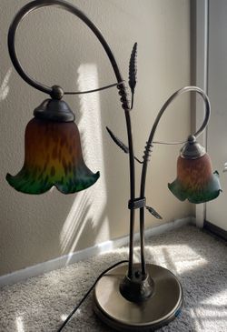 Vintage Brass Table Lamp With Stained Glass Ornamental Heads 