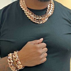 Set Chain & Bracelet 20mm Miami Cuban Link Rose Gold Plated Chain Necklace 18k & 14k Crab Old School Regular Lock