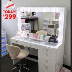 New White Make Up Vanity- Glass Top