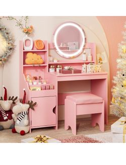 Kids Vanity with Lights, Princess Makeup Vanity Desk with Open Bookshelf, Storage Cabinet & Shelves, Toddler Vanity Table and Chair Set, Pretend Play 