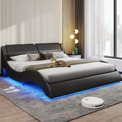 DICTAC Full Led Bed Frame with Headboard Modern Upholstered Full Platform Bed Frame with LED Lights Faux Leather Assembled 