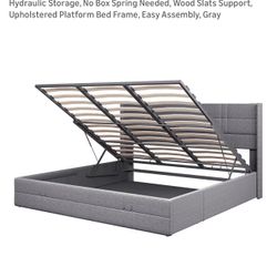 Like-New King Tufted Wingback Bed  – Light Gray –Mattress Included