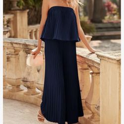 BTFBM Women Off Shoulder Summer Rompers Strapless Pleated Wide Leg Palazzo Pants Jumpsuit Casual One Piece Outfits
