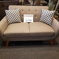 Brand New 60" Tan/Gray/Teal Midcentury Modern Linen Loveseat + 2 Accent Pillows