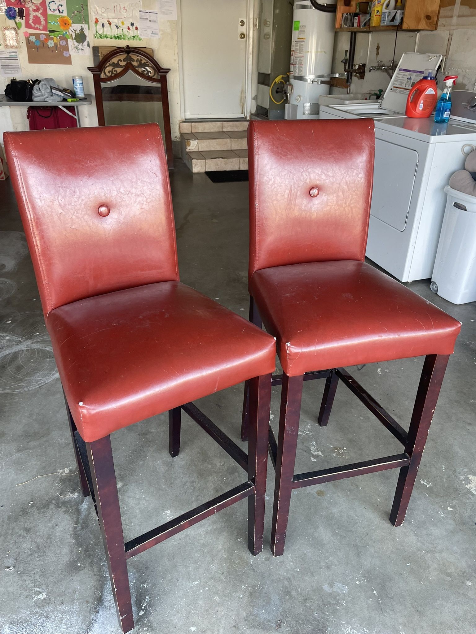 2 Red Faux Leather Bar Stools with Backs
