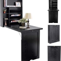 Folding Wall Mounted Desk, Fold Down Table with Storage Shelves, Wood Convertible Floating Table for Small Spaces, Murphy Desk Wall Mount for Home Off