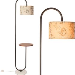 Hsyile Arc Floor Lamp with Hanging Drum Shade for Living Room-Marble Base Modern Tall Stand Up Light with Table, Contemporary Over The Couch Black Lam