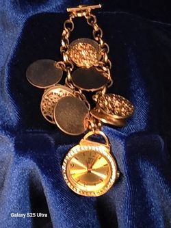 Gold-Tone Charm Bracelet Watch – Coin Disc Chain Style
