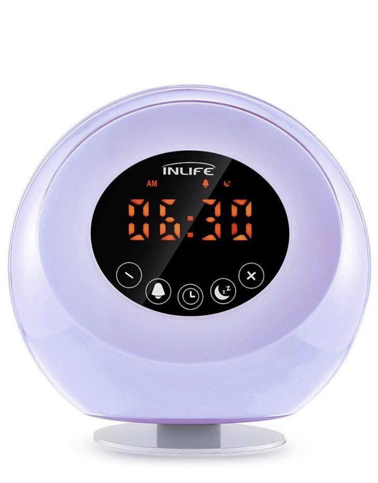 Wake up alarm clock with radio, 6 natural sounds, 3 warm white light mode & 7 colors: warm yellow, red, green, blue, purple, orange, and indigo.