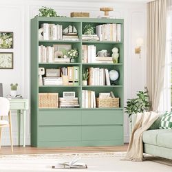 Bookshelves and Bookcase, 47.3" Double Wide Bookshelf with Drawers, 71" Tall Bookshelf Large Open Book Shelf Standing Book Case for Home Office, Green