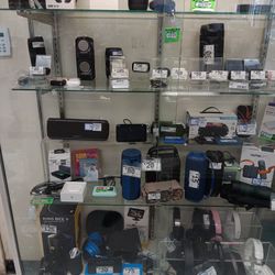We have many selections of Bluetooth and speakers. Earplugs books, microphone microphones, battery chargers.