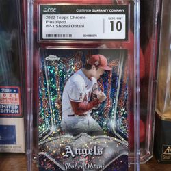 2022 Shohei Ohtani Topps Chrome Pinstriped Club Plaques #P-1 baseball card with a (CGC) Gem Mint 10 grade. 