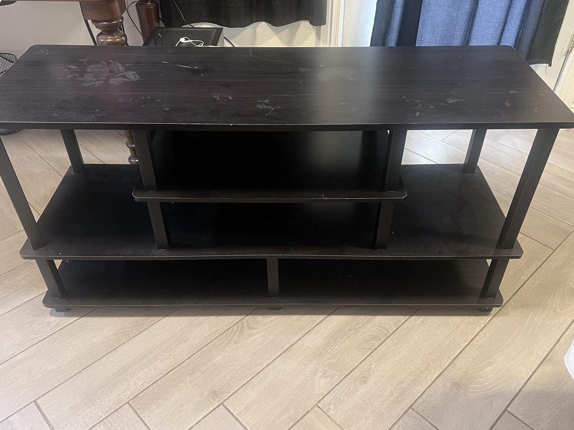 Free Dark Wood TV Stand with Scratches - 3 Tier Open Shelving Unit