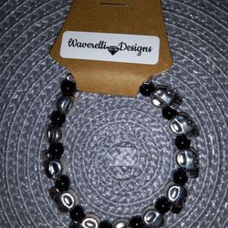 Men's Elastic Onxy Silver Skull Bracelet 