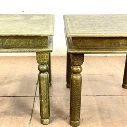 Antique Pair Of Indian Incised Brass End Tables