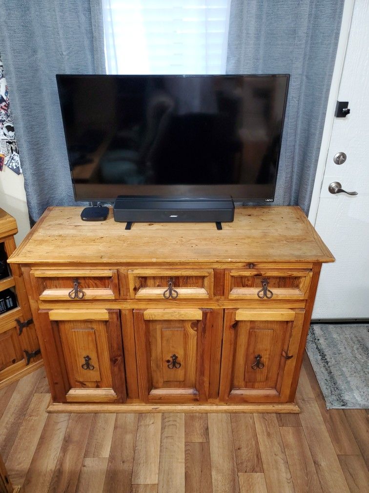 Tres Amigos Rustic Mexican Solid Wood Stained Brown Buffet TV Stand Dresser Cabinet With Three Drawers SW Santa Fe Style Wrought Iron