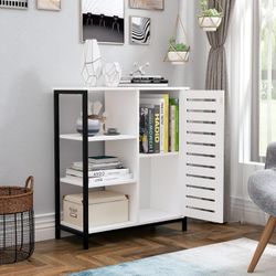 NEW IN BOX RAAMZO 4-Tier White and Black Storage Cabinet, Bookshelf, Multipurpose Cabinet, 3 Open Shelves 