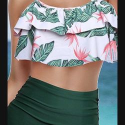 New Ruffle off shoulder crop top white palm print high waisted Size XL /Extra large bikini/bathing suit/swimwear/swimsuit 
