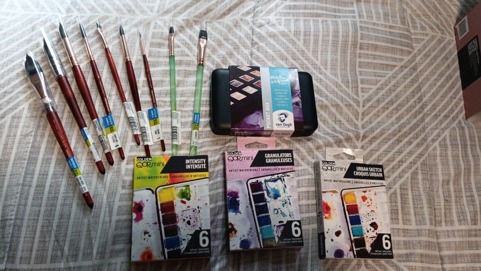 9 Professional Brushes, 3 Six Pack GOLDEN artist Water Colors 12 VanGogh Metalic Colors