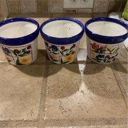 3 Ceramic Floral Planter Pots With Drainage Holes