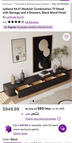 Brand New  95” LATITUDE RUN Lydiane  Modular Combination TV Stand with Storage and 4 Drawers, Black Wood Finish