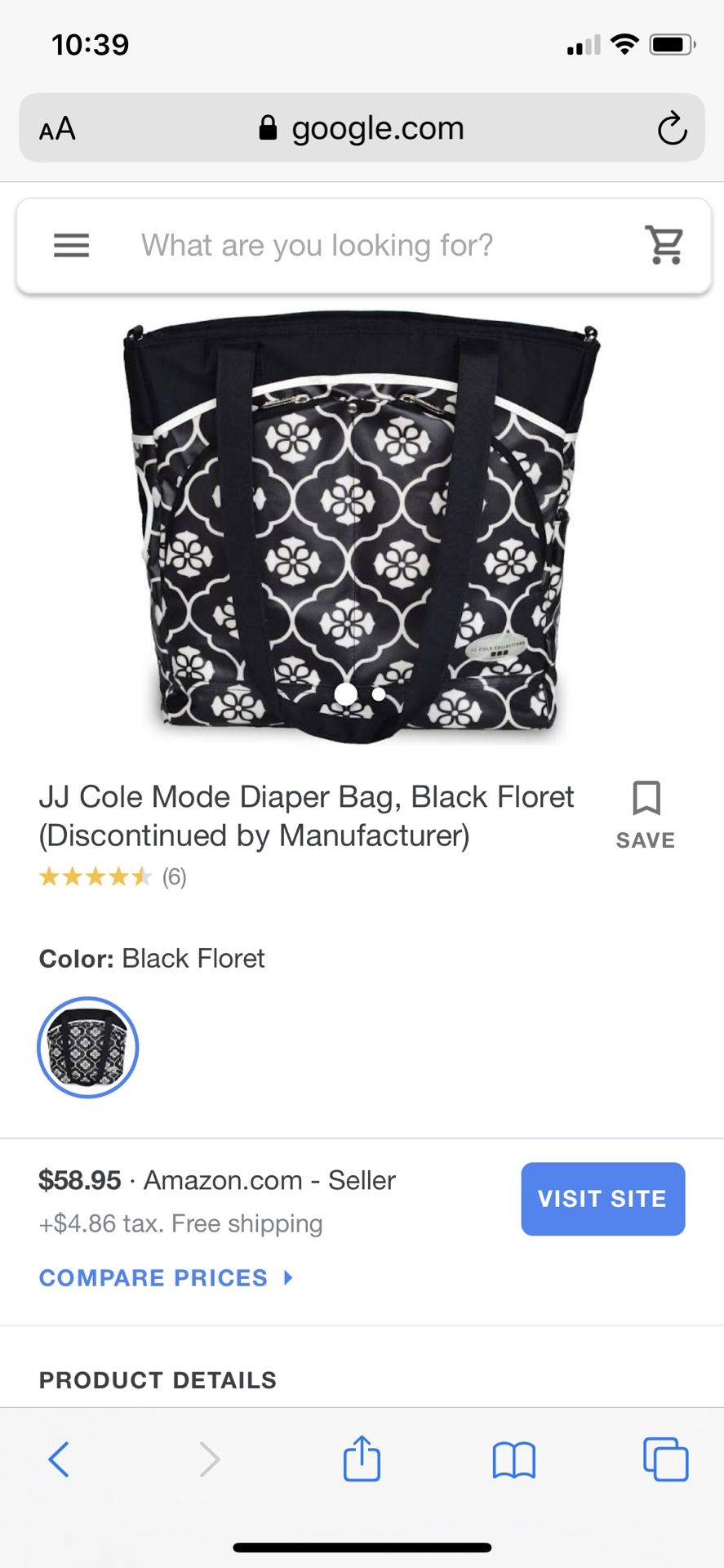 Diaper Bag JJ Cole Mode Diaper Bag, Black Floret- like new