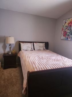 3 piece brown, dresser draws, night stand and bed with box spring