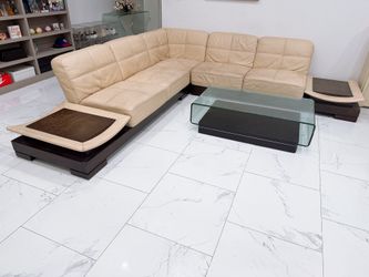 creme couch with table