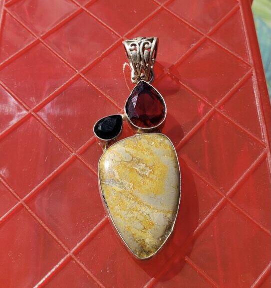 Bumblebee Jasper Silver Plated Pendant w Red + Black Accent Stone