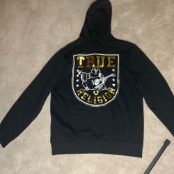 True Religion Black & Gold Zip-Up Hoodie Size Large