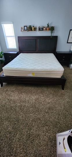 Cali king mattress and bed frame w/2 night stands