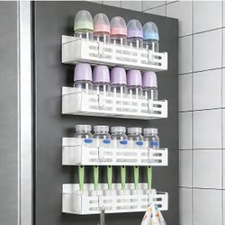 4 Pack Magnetic Baby Bottle Organizer for Refrigerator, Bottle Organizer Rack with 8 Hooks, Storage for Baby Bottles, Pacifiers, and Brushes, Also Sui