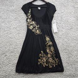 Cache Dress Womens Medium Black Mini Gold Floral Goth Y2K Retro Fairy Grunge
