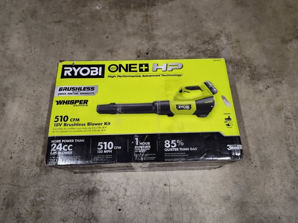 NEW RYOBI PBLLB01K ONE+ HP 18V Brushless Whisper Series Cordless Battery Leaf Blower KIT with 6Ah Battery & Charger
