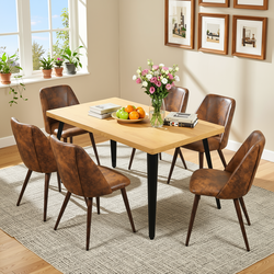 Homy Casa STAN+KALI 7PC Dining Set 63" Natural Wood Table with 6 Kali Suede Brown Walnut Leg Chairs