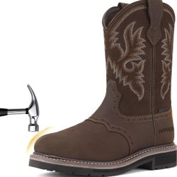 HISEA NINGO Steel Toe Work Boots for Men, Waterproof Square Toe Cowboy Boots Slip on, Comfortable Soft Toe Pull on Western Safety Work Shoes for Const