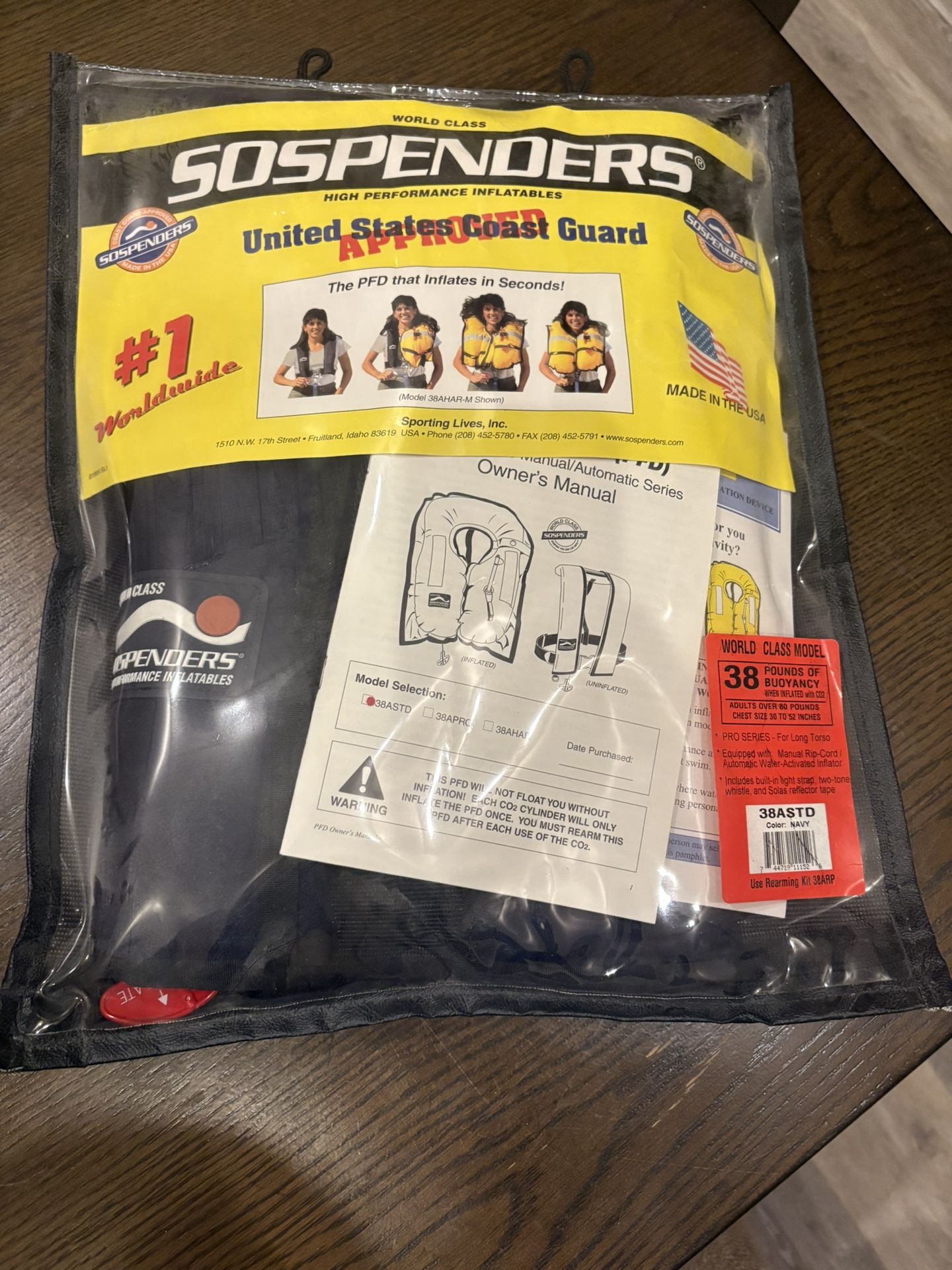 Vintage SOSPENDERS Inflatable PFD LIFE JACKET Model 38ASTD. COLOR NAVY. Size Adults over 80lbs. Chest 30-52”