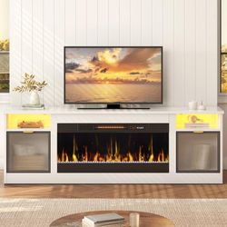 71 in. Freestanding Fireplace TV Stand for TVs Up to 80 in. with Ample Storage in Glossy - 22.83hx71wx15.75d