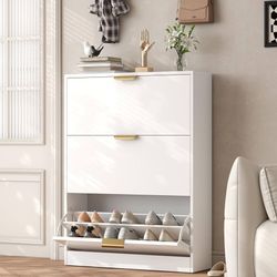 B834 $80  Shoe Rack Cabinet with 3 Flip Drawers, Narrow Shoe Storage Cabinet with Adjustable Shelf, Freestanding Shoe Organizer for Entryway, Hallway,