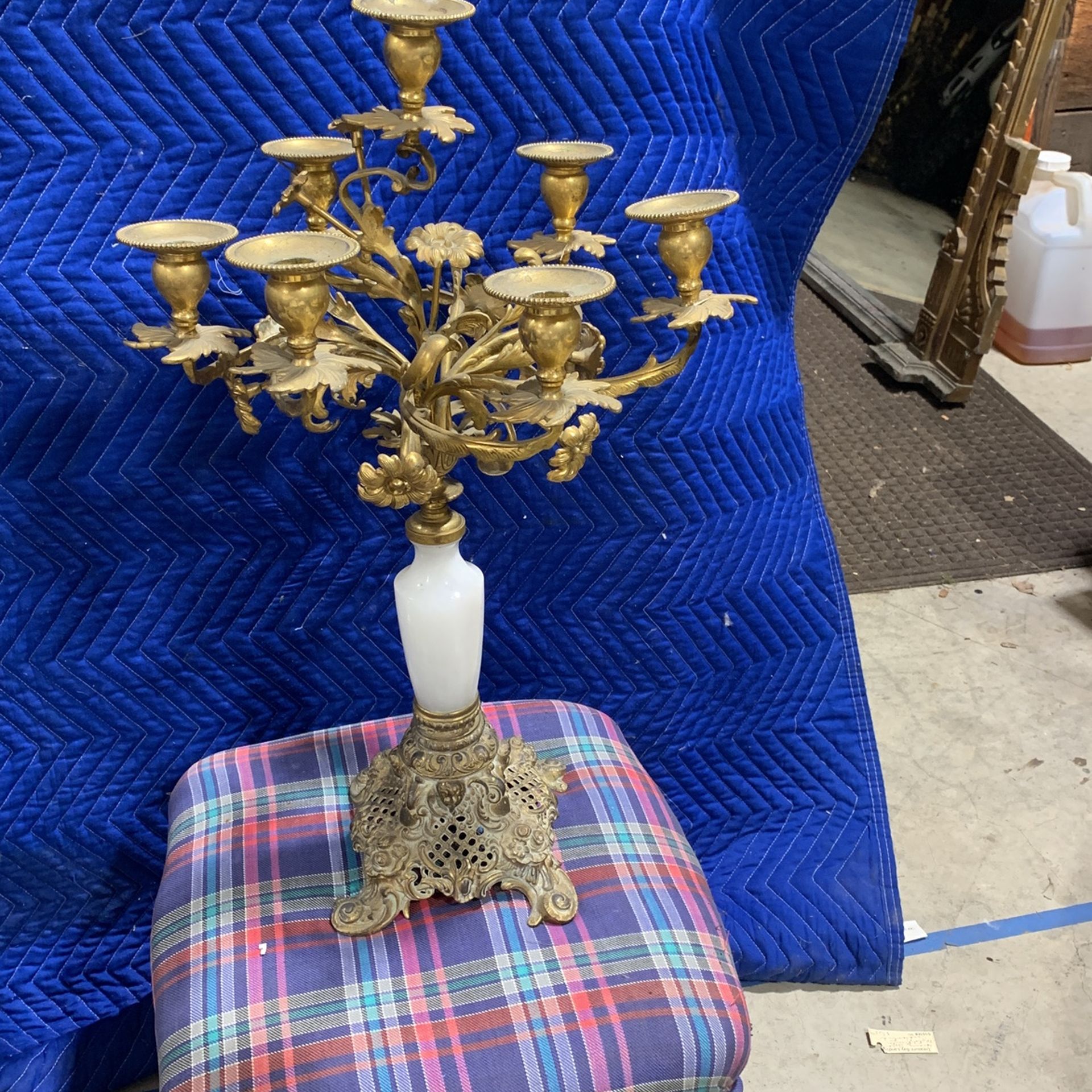 Old Setting Candle, Brass And Marble Candlebra