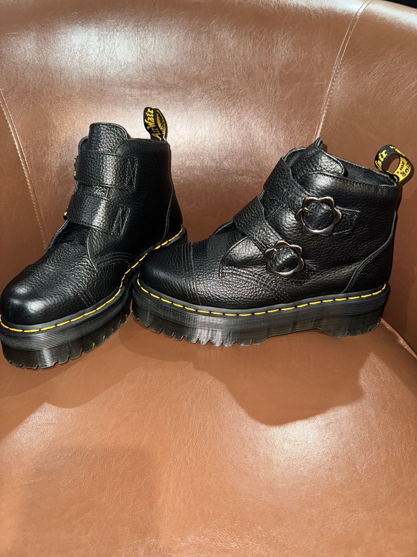 Doc Martens Devon Flower Buckle Leather Platform Boots