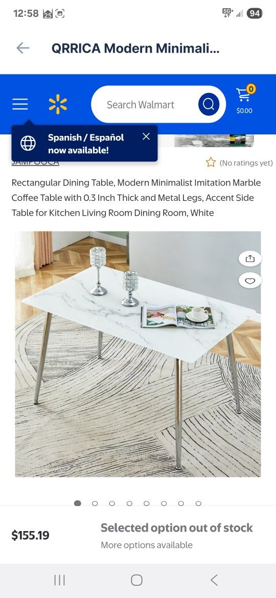 QRRICA Modern Minimalist Rectangular Dining Table with 0.4 inch Imitation Marble Tabletop Metal Legs,White+Silver